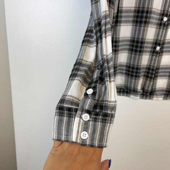 PAIGE XS Viscose Plaid Lightweight Button Down Flannel Shirt Black White - Picture 5 of 10